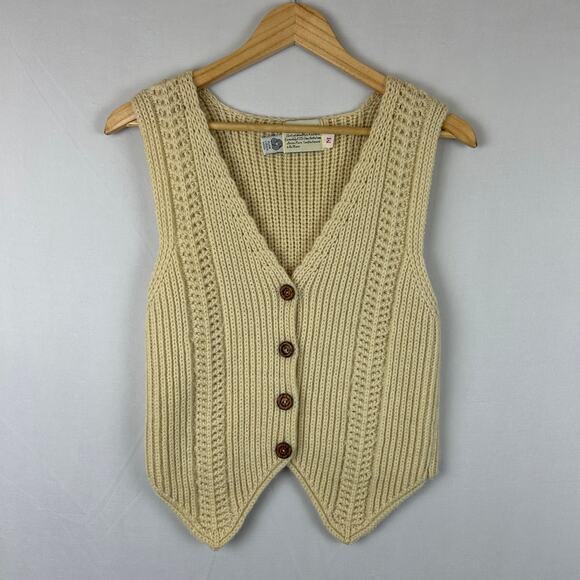 British Woollen Knitters 100% Wool 70s Cable Sweater Vest Cardigan Womens Size M - Picture 1 of 8
